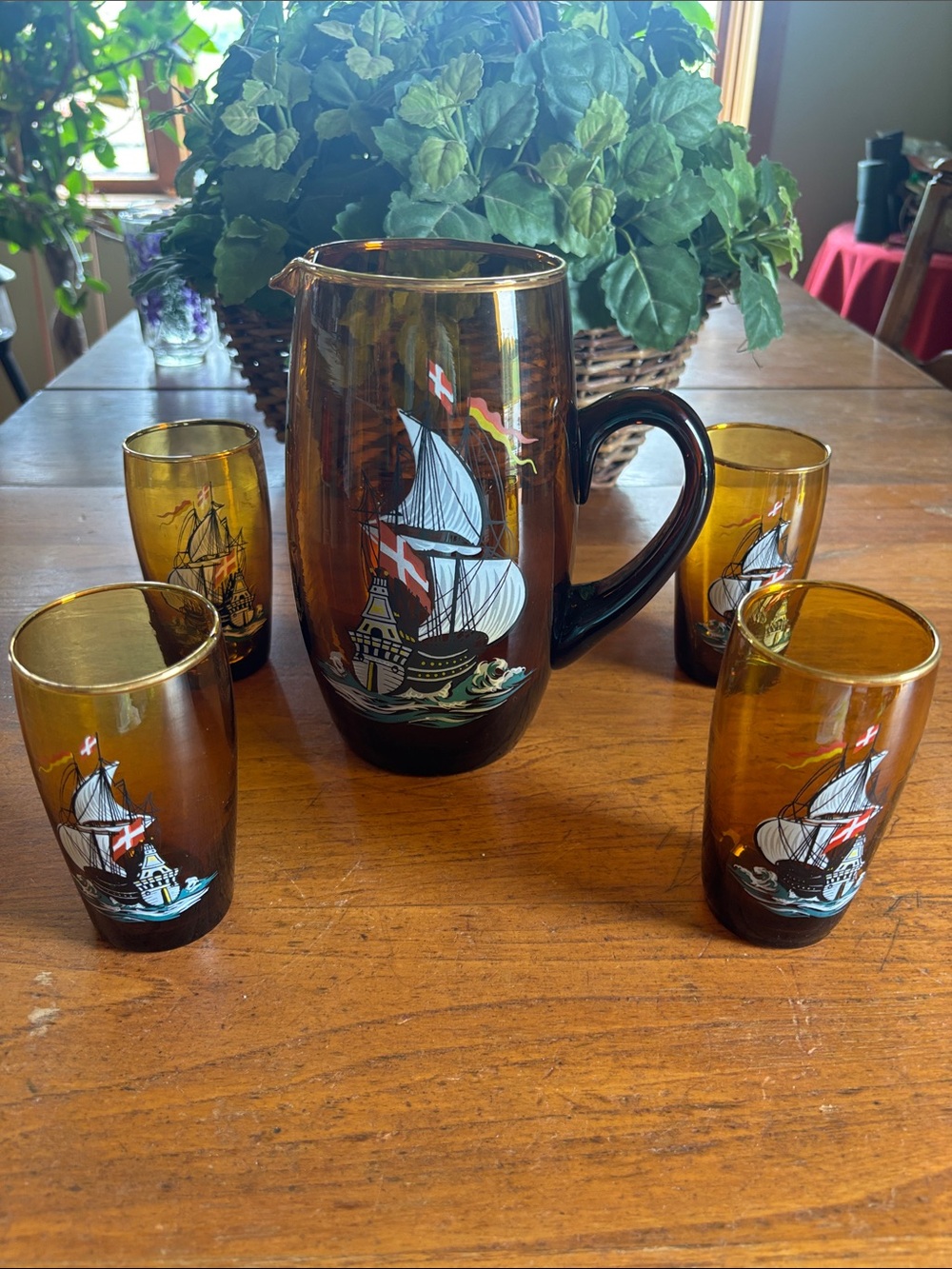 Vintage Amber Hand blown Glass Pitcher (4) glasses Embossed Sailing Ship Motif